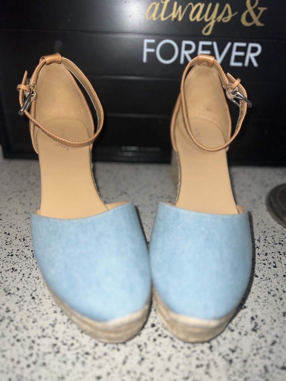 Nine West Light Blue and Tan Espadrille Wedge Sandals